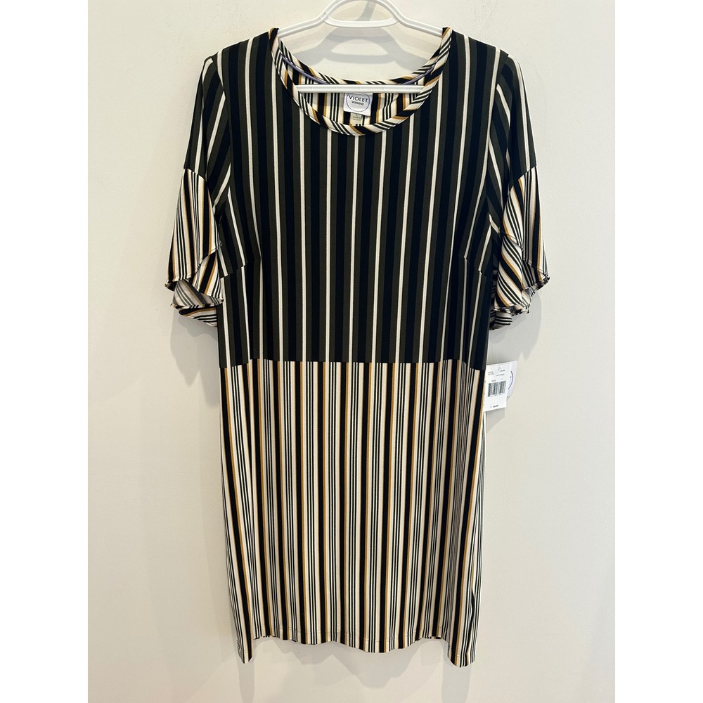 Violet Weekend Womens Olive Black Striped Short Sleeve Shift Dress Large New